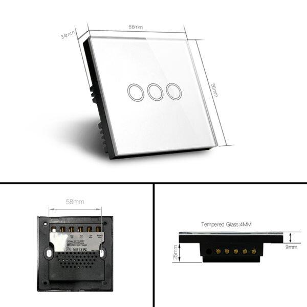 image with dimensions for the mg 4 gang wifi smart switch in white