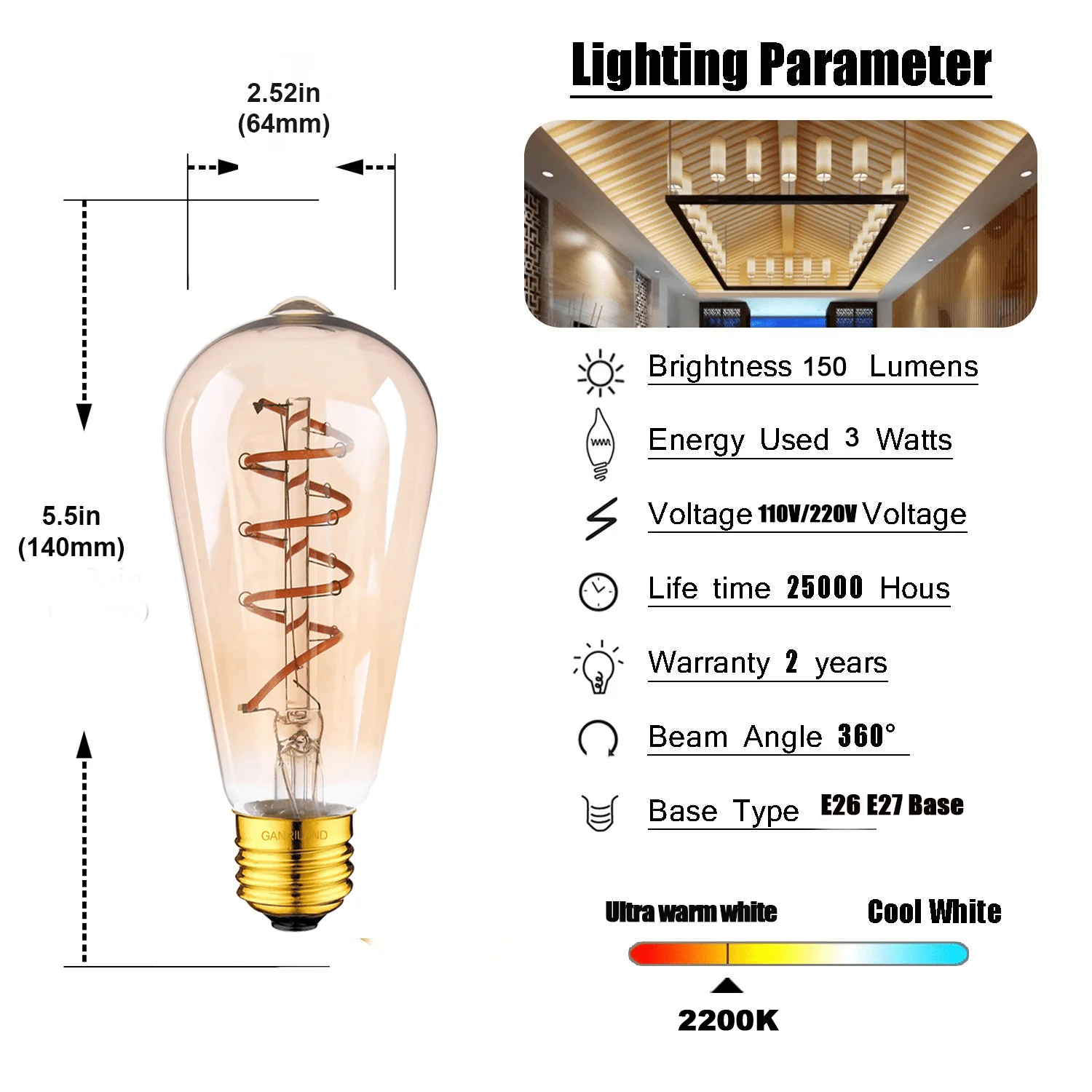 mcmp 0160 st64 dIMMABLE sPIRAL fILAMENT AMBER BULB
