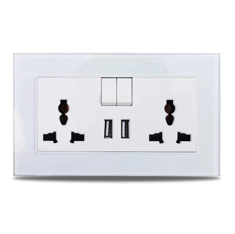 MCMP 0197 Twin Universal Sockets with tampered glass frame and 2 usb type A