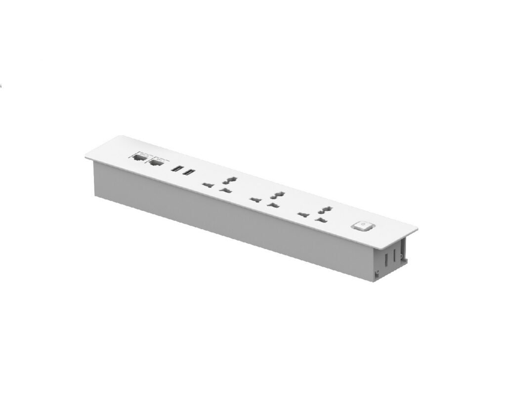 MCMP 0258 White Inset Desk power extension 3 sockets 2 usb a and 2 x cat 6