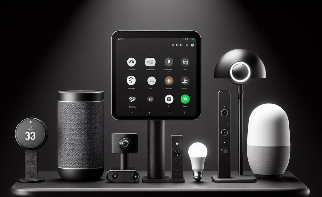 An image portraying Amazon Alexa, Google Home, a Smart home cotroller, smart bulb, smart camera all available from MCMP IMPORTS in Malta