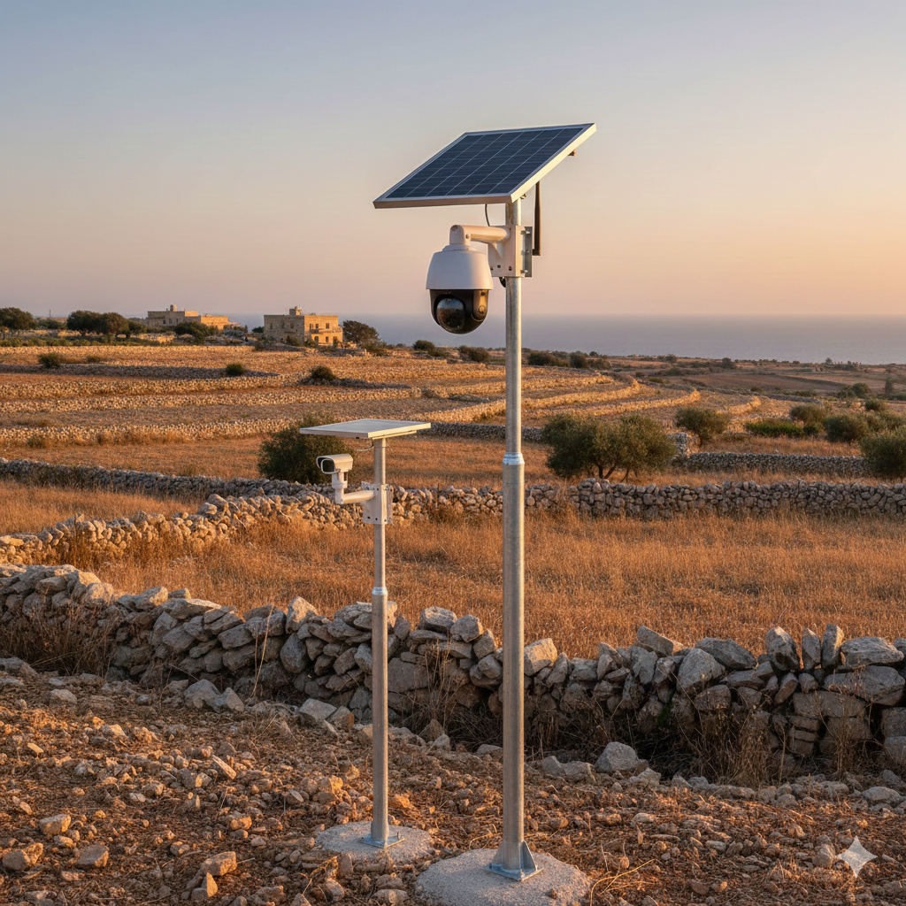 Field with a solar ptz and fixed camera installed