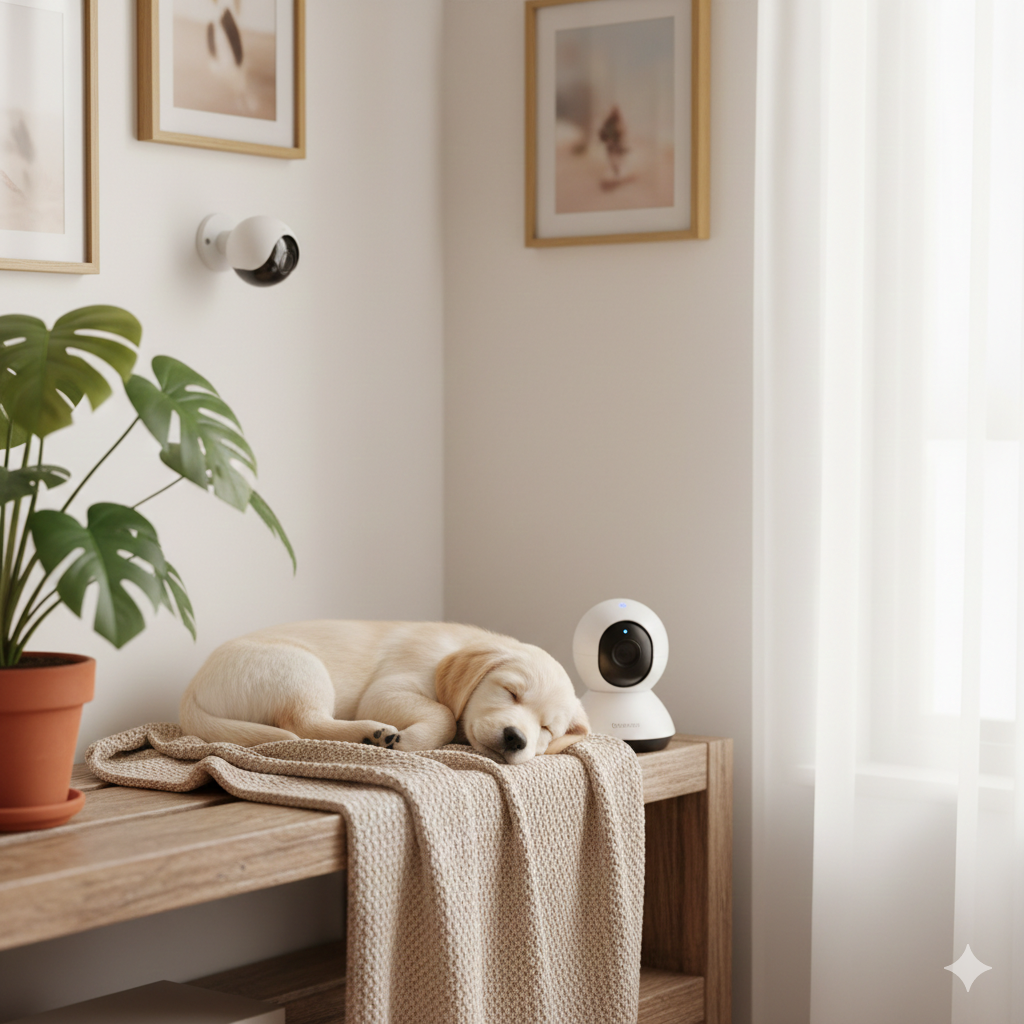 an image of a puppy resting and an indoor ptz as well as fixed ptz used to monitor the puppy